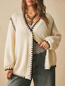 SHEIN VCAY Plus Size Women's Contrast Color Single-Breasted Long Sleeve Knit Top Autumn Graduation Evening Formal Smart Baggy Black And White Casual - Black and White - View 11