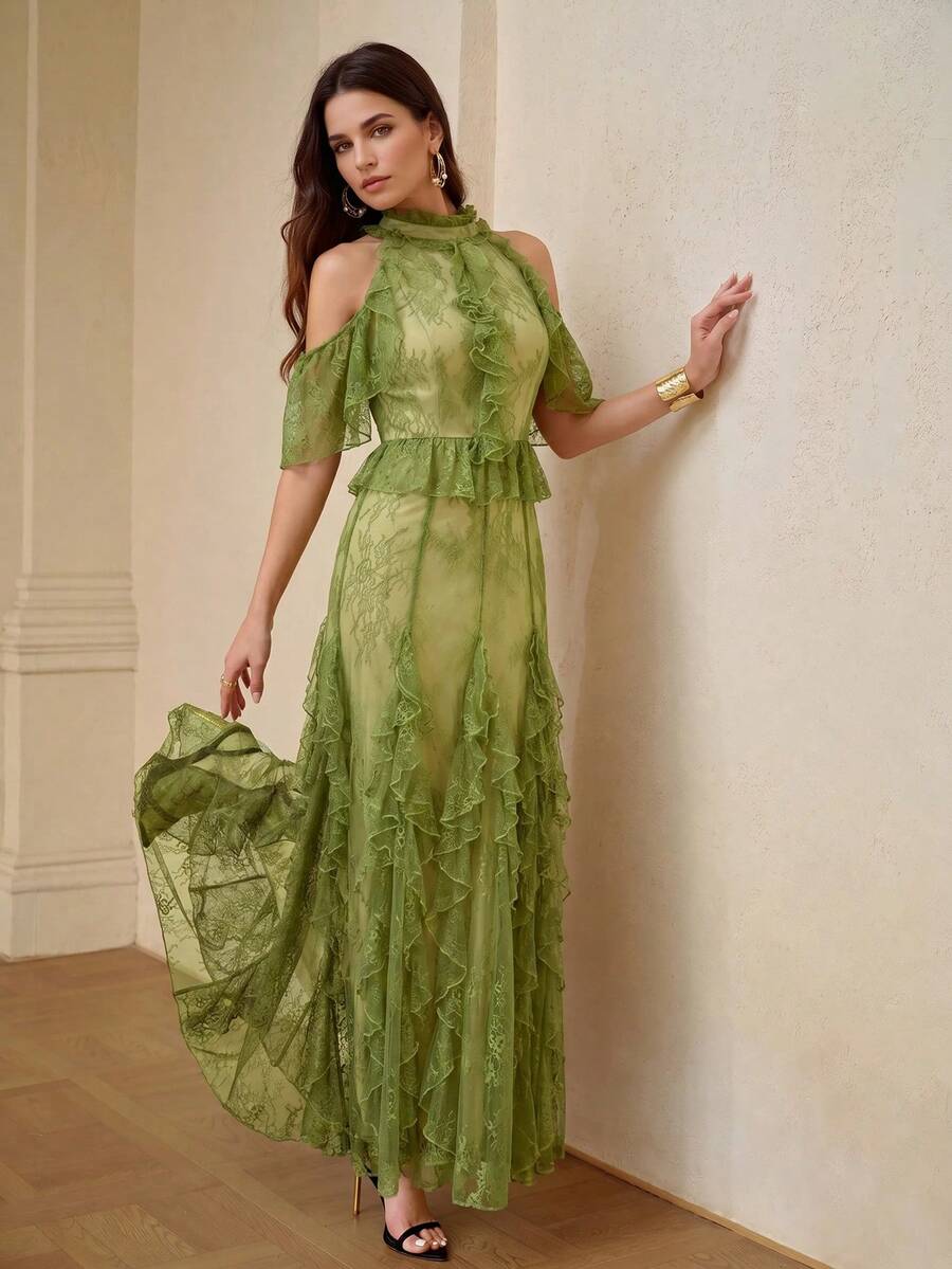 ZEYLAH Spring/Summer Lace Patchwork Ruffle Off-Shoulder Dress - Green - View 1