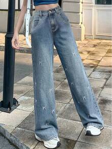 DAZY Women's Casual Bowknot Embroidered Straight Leg Jeans - Blue - View 5