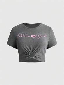 Mean Girls | ROMWE 聯名款卡通圖案印花大尺碼T恤 - 灰色 - 查看 5