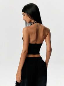 Dewbera Dewbera Women's Solid Color Casual Athleisure Athleisure Athletic Modest Daily Wear Sports Halter Neck T-Shirt Gym Workout Black Summer Gym Workout - Black - View 3