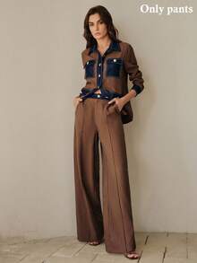 Anewsta Pantalones rectos con textura y bloqueo de color en la cintura, estilo vintage, para primavera/verano - Marrón - Ver 1