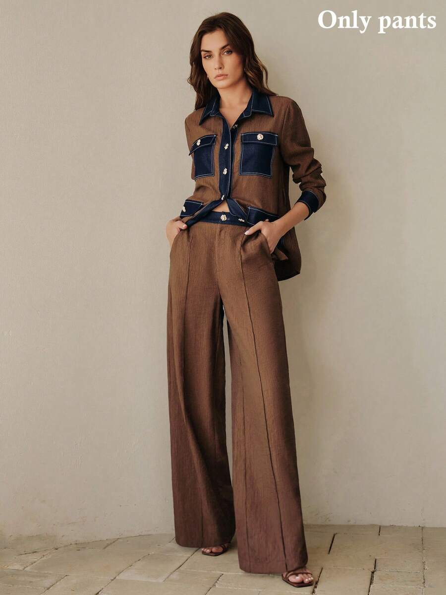 Anewsta Pantalones rectos con textura y bloqueo de color en la cintura, estilo vintage, para primavera/verano - Marrón - Ver 1