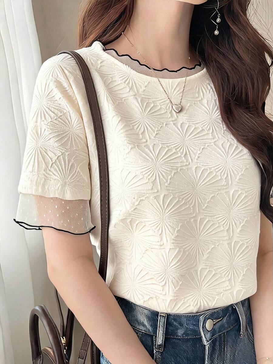 FRIFUL 女款春夏純色透視網紗寬鬆休閒百搭T恤 - 杏色 - 查看 1