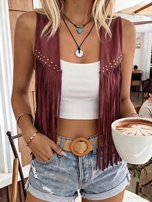 Brillora Fringe Trim Open Front Vest Summer Jacket In Fall/Winter - Burgundy - View 15