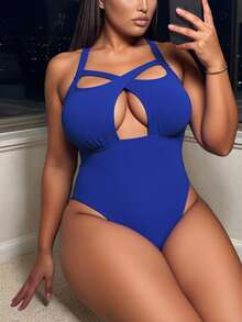 SHEIN Swim 大码夏季度假纯色性感镂空连体泳衣 - 藍色 - 查看 2