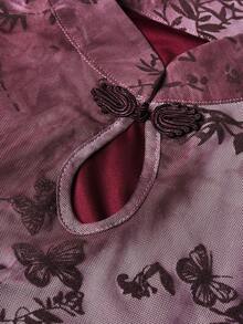 Sunspun Women's Flocked Print Chinese Style Cheongsam Short Dress, High Side Slit Hem, Water Drop Hollow Out Sexy Design Winter - Burgundy - View 9