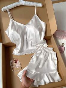 Comfortcana Conjunto de pijama de satén con volantes en el bajo, conjunto blanco - Blanco - Ver 1