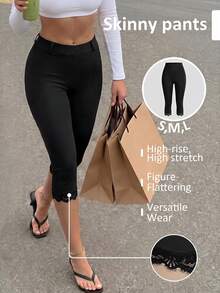 Firerie Women's Elegant Casual Sexy Spring Summer All Season Solid Black High Waist Leggings, Knitted Waist-Cinching Slim Fit Fashionable Versatile Night - Black - View 2
