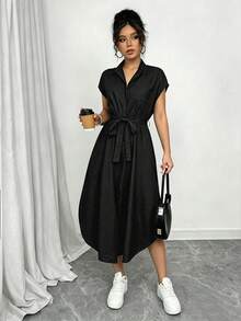 SHEIN Raffinéa 女款純色腰部打結設計百褶休閒日常夏季洋裝 - 黑色 - 查看 6
