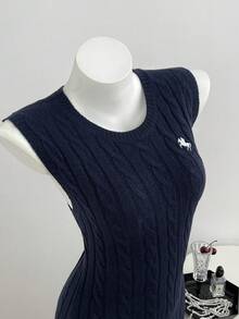 Elamini Minimalist Cute Sweet Women's Autumn Round Neck White Navy Blue Cable Knit Ruffle Hem Sweater Dress Back-To-School Everyday School - Royal Blue - View 8