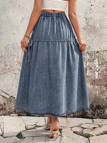 SHEIN Essnce Women's Elastic Waist Side Knot Casual Denim Skirt - Blue - View 2