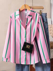 SHEIN Genkimix Kids 女童 Y2K 甜美風條紋經典鈕扣襯衫，適合日常穿著或上學，返校校服，可搭配牛仔褲、裙子和細肩帶背心 - 粉色 - 查看 1