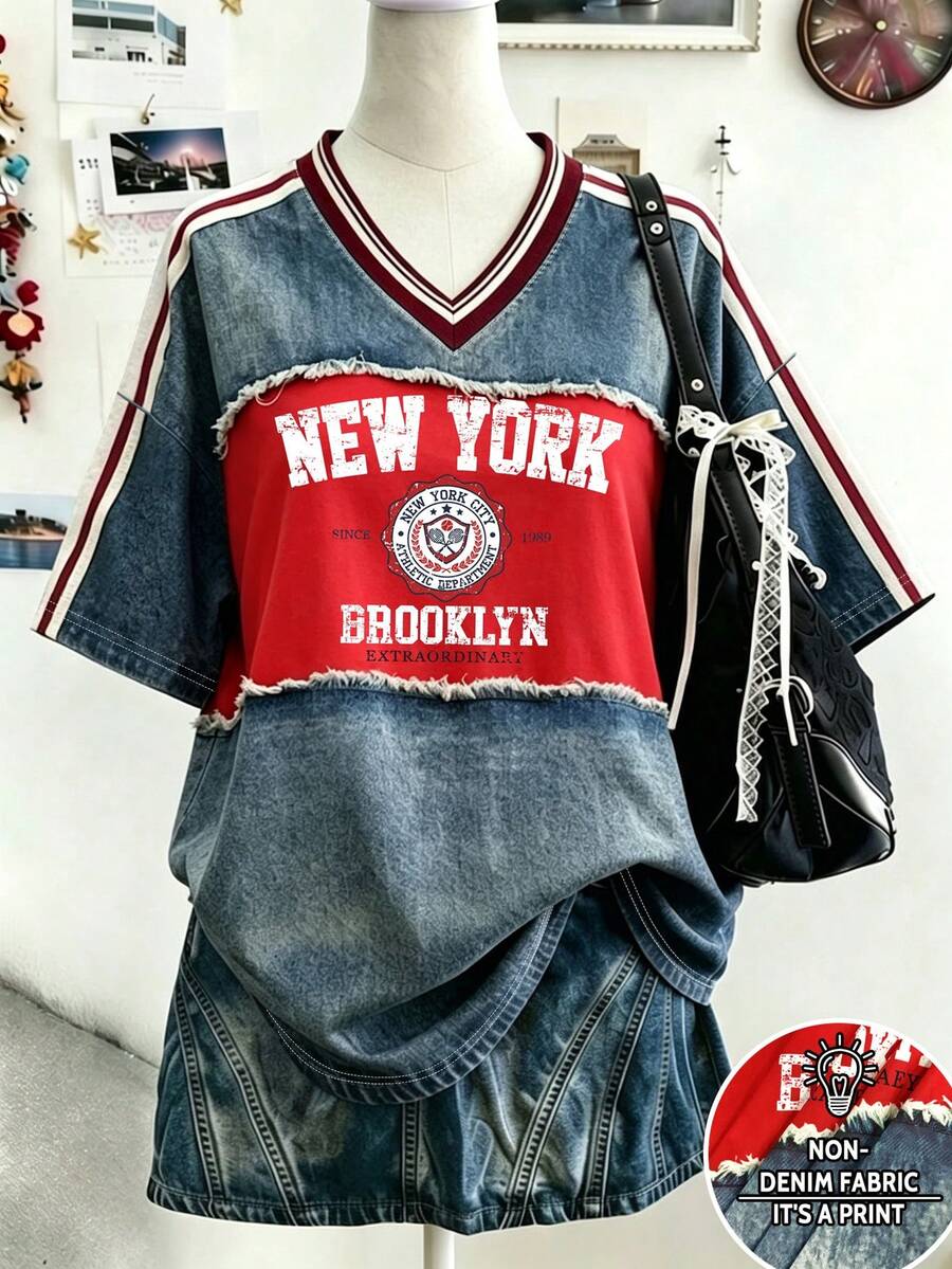 Lalippa 女款外穿上衣 夏季新款 時尚 戶外攝影 購物 學生 教师節 字母圖案藍色女款T恤 - 彩色 - 查看 1