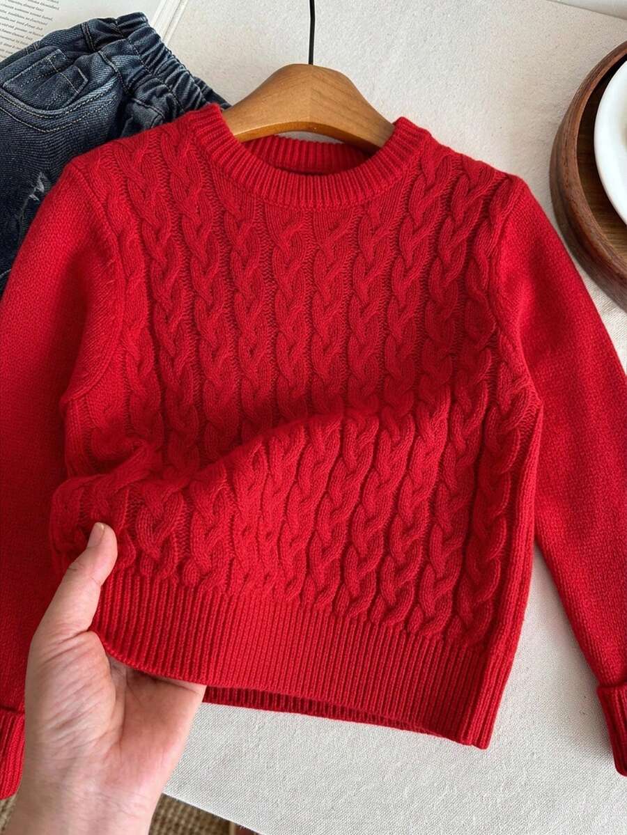 SHEIN 小男孩純色圓領休閒百搭日常穿著長袖針織衫 - 紅色 - 查看 1