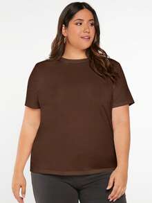 SHEIN BASICS 大尺碼純色圓領T恤夏季上衣 - 咖啡棕 - 查看 4