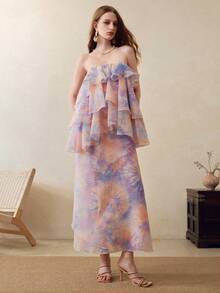 SHEIN Women's Tie-Dye Multi-Layer Ruffle Hem Fashion Spaghetti Strap Dress - Purple - View 7
