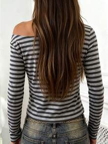 Rovax Women's Striped Print Asymmetrical Shoulder Long Sleeve Casual T-Shirt - Multicolor - View 2