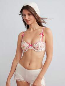 Elorette Pink Underwire 1/2 Cup Embroidered Cute Coquette Babydoll Comfy Balconette Push Up Romantic Elegant Women's Bra - Hot Pink - View 4