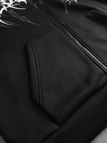 ROMWE MEN Goth 男士哥德式圖案毛絨連帽拉鍊休閒日常長袖衛衣 - 黑色 - 查看 8