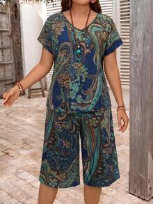 EMERY ROSE Setelan 2 Potong Blus Lengan Pendek Leher V Motif Paisley Boho Biru Ukuran Plus untuk Musim Panas & Celana Panjang Lebar dengan Kantong, Pakaian Liburan untuk Wanita - Mint Blue - View 3