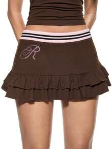 Mean Girls | ROMWE Women's T-Shirt Skirt With Rhinestone Off-Shoulder Meangirls Collaboration Y2K Slim Fit Ribbed Collar Knit Sexy - Mocha Brown - View 4