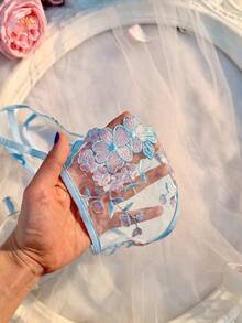 Crystal Vow 女款浪漫淺藍色薄內襯刺繡可調式肩帶內衣與丁字褲內衣兩件組 - 淺藍色 - 查看 4