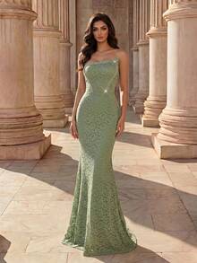 Coutiva Vestido de gala sin tirantes con patrón de encaje decorado con pedrería verde para mujer - Verde - Ver 4