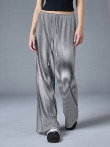 SHEIN BASICS 女款休閒針織條紋寬鬆寬腿長褲，女款運動休閒褲居家褲，黑白格紋，秋季休閒款 - 黑色 - 查看 5