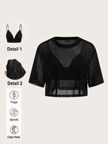 SHEIN BASICS 2pcs Casual Solid Color Cropped Camisole & Round Neck Loose Short Sleeve Sheer Mesh Summer Tops - Black - View 7