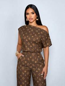 SOLERSUN Women's Summer Vintage Sexy Print Elegant Asymmetrical Neck Sleeveless Metal Button Slim Fit Shirt, One-Shoulder Top, Suitable For Going Out Dates - Brown - View 7