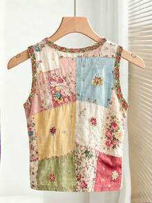 Franclia Women's Patchwork Pattern Sleeveless Round Neck Button Casual Fashion Tank Top - Multicolor - View 3