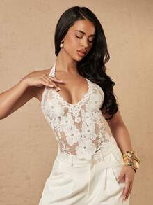Silquee Women's Floral Embroidered Pattern Sexy Versatile Halter Top Halloween - White - View 4