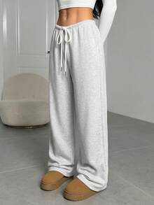 SHEIN EZwear 灰色針織女款抽繩腰鬆身長褲休閒運動褲 - 淺灰色 - 查看 8