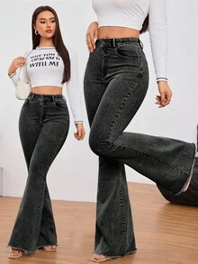 SHEIN Tall 女款休閒純色牛仔褲，簡約時尚，適合日常穿著，高個女性適用 - 黑色 - 查看 9