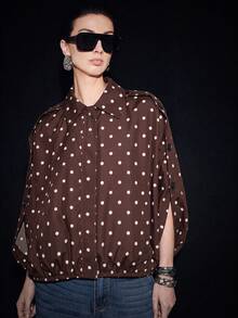 Lumivelle 女款棕色與白色波點時尚百搭休閒優雅復古夾克，適合日常穿著與派對，秋季款 - 鏽棕色 - 查看 4
