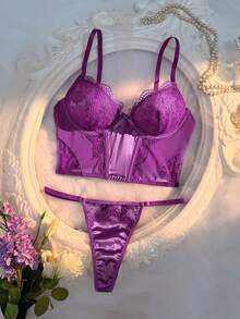 Crystal Vow 2pcs Embroidered Patchwork Satin + Mesh Underwire Bra & Panty Set - Purple - View 3