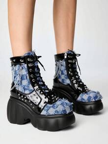 ROMWE Grunge Punk 女款休閒舒適格紋布米蘭色圓頭厚底踝靴，哥特龐克風，配鉚釘鏈條 - 米蘭 - 查看 4
