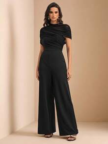 SHEIN Tall 純色立領網布拼接修身優雅短袖連身褲 - 黑色 - 查看 7