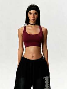 Dewbera Dewbera Tank Top Olahraga Wanita Warna Polos Tanpa Jahitan dengan Desain Potongan Silang di Bagian Belakang untuk Gym, Musim Panas, Atletik, dan Santai. - Burgundy - View 6