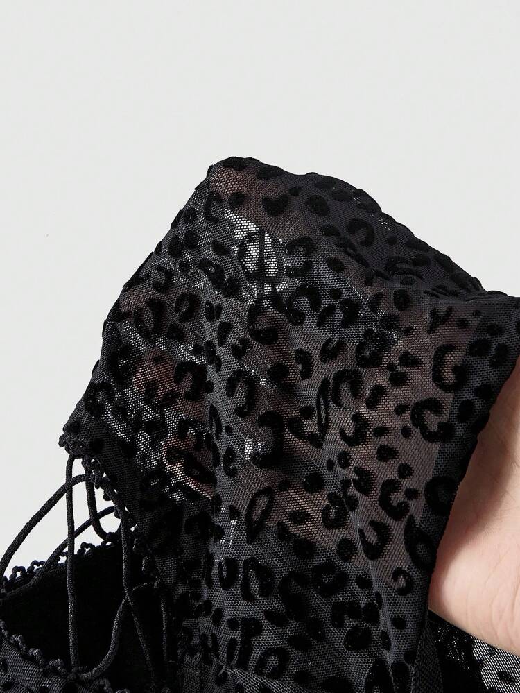 ROMWE Bodysuit Kasual Musim Panas Musim Semi Musim Gugur Gaya Hot Girl Pesta Y2K Motif Leopard Bertekstur Semi-Transparan Pas Badan dengan Potongan Terbuka - Burgundy - View 14