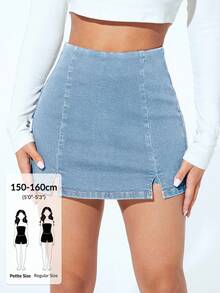 SHEIN PETITE Women's Casual Summer Light Blue Denim Skort,Slit Hem Slim Fit Mini Skirt For Night Out,Daily Commute Fashion Y2k Jean Skirt ,Petite Women - Blue - View 1