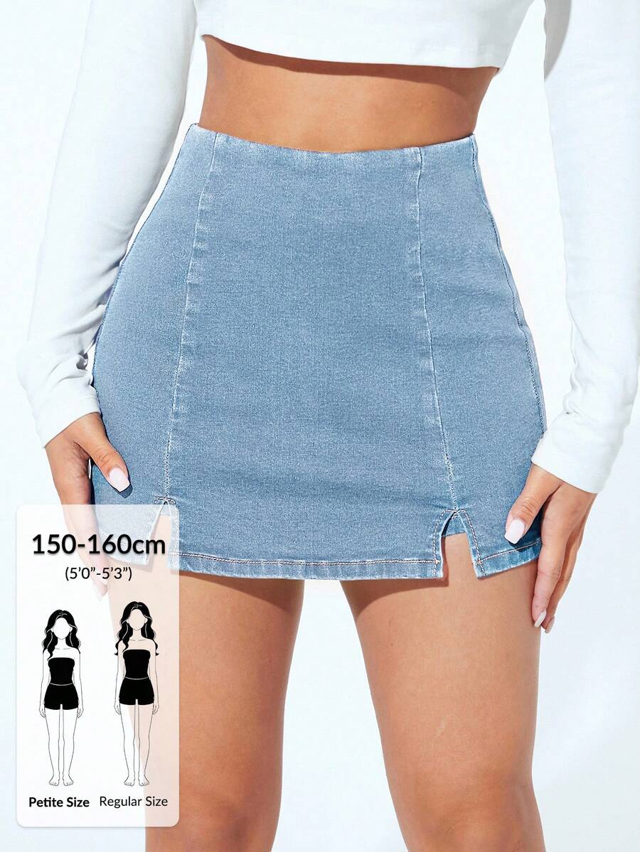 SHEIN PETITE Women's Casual Summer Light Blue Denim Skort,Slit Hem Slim Fit Mini Skirt For Night Out,Daily Commute Fashion Y2k Jean Skirt ,Petite Women - Blue - View 1