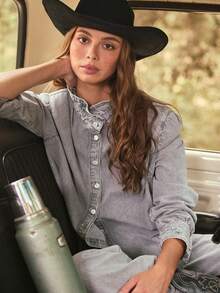 WESTFADE Ruffle Mock Neck Long Sleeve Denim Top, Fall, Female Country, Western Casual, Festival, Concert Grey Blue - Light Grey - View 4