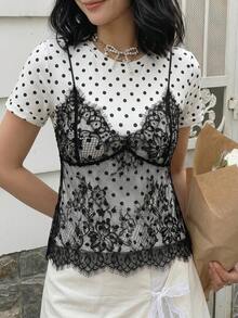 SHEIN MOD 女款黑白波點 2 合 1 蕾絲拼接圓領短版 T-shirt - 黑與白 - 查看 8