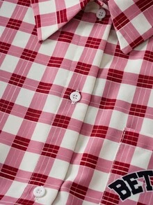 Betty Boop x SHEIN Plus Size Women Plaid Short Sleeve Casual Shirt, - Red and White - View 5