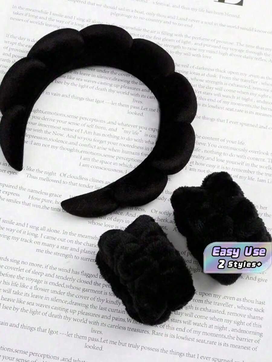 3件組奢華超細纖維SPA髮帶與護腕套組，蓬鬆天鵝絨海綿洗臉髮帶，柔軟吸水毛圈布泡泡髮箍，適用洗臉、卸妝與洗澡，女性與女孩美容護膚自我照護工具 - 黑色 - 查看 1