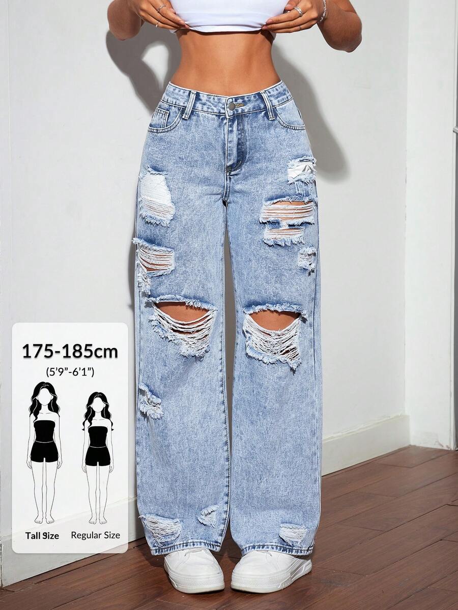 SHEIN Tall Women Loose Straight Leg Distressed Pocket Jeans, Tall Women - Blue - View 1