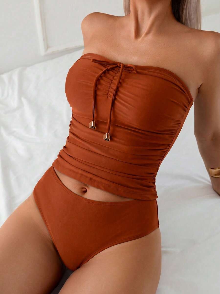 Swim Lushoire 女款夏季海灘優雅百搭修身抹胸分體式比基尼套裝 - 亮橙色 - 查看 1
