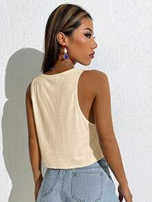 SHEIN EZwear 女款休閒杏色寬鬆深U領短版背心，適合夏季 - 杏色 - 查看 2